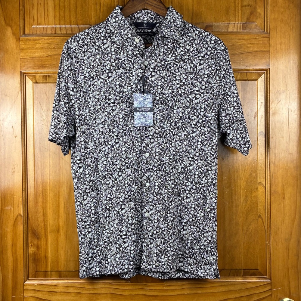 Hart‎ Schaffner Marx Mens Blueprint Floral Shirt Black White Luxury Cotton M NEW